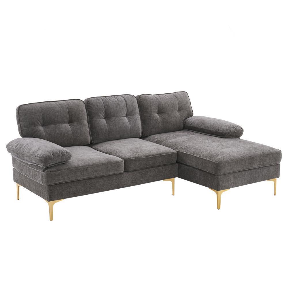 Sofa Set L Shape Sectional with Large Chaise and Gold Plated Legs Couch - Picture 7 of 31