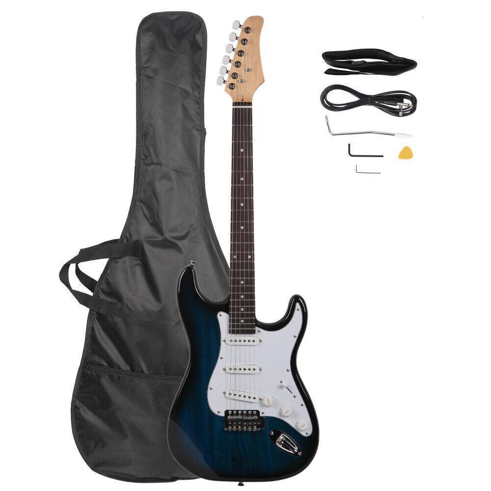 Color:Blue:39.37" Beginner Sunset Electric Guitar +Bag Case +Cable +Strap +Picks 7 Color
