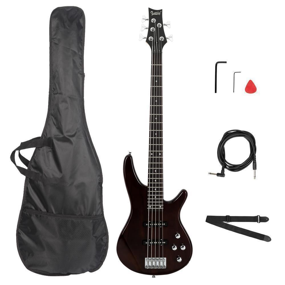 Color:Brown:New Glarry Professional GIB Electric 5 String Bass Guitar with Bag Xmas Gift