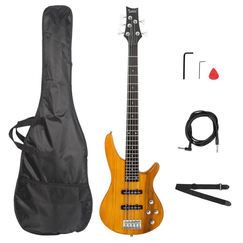 Color:Transparent Yellow:New Glarry Professional GIB Electric 5 String Bass Guitar with Bag Xmas Gift