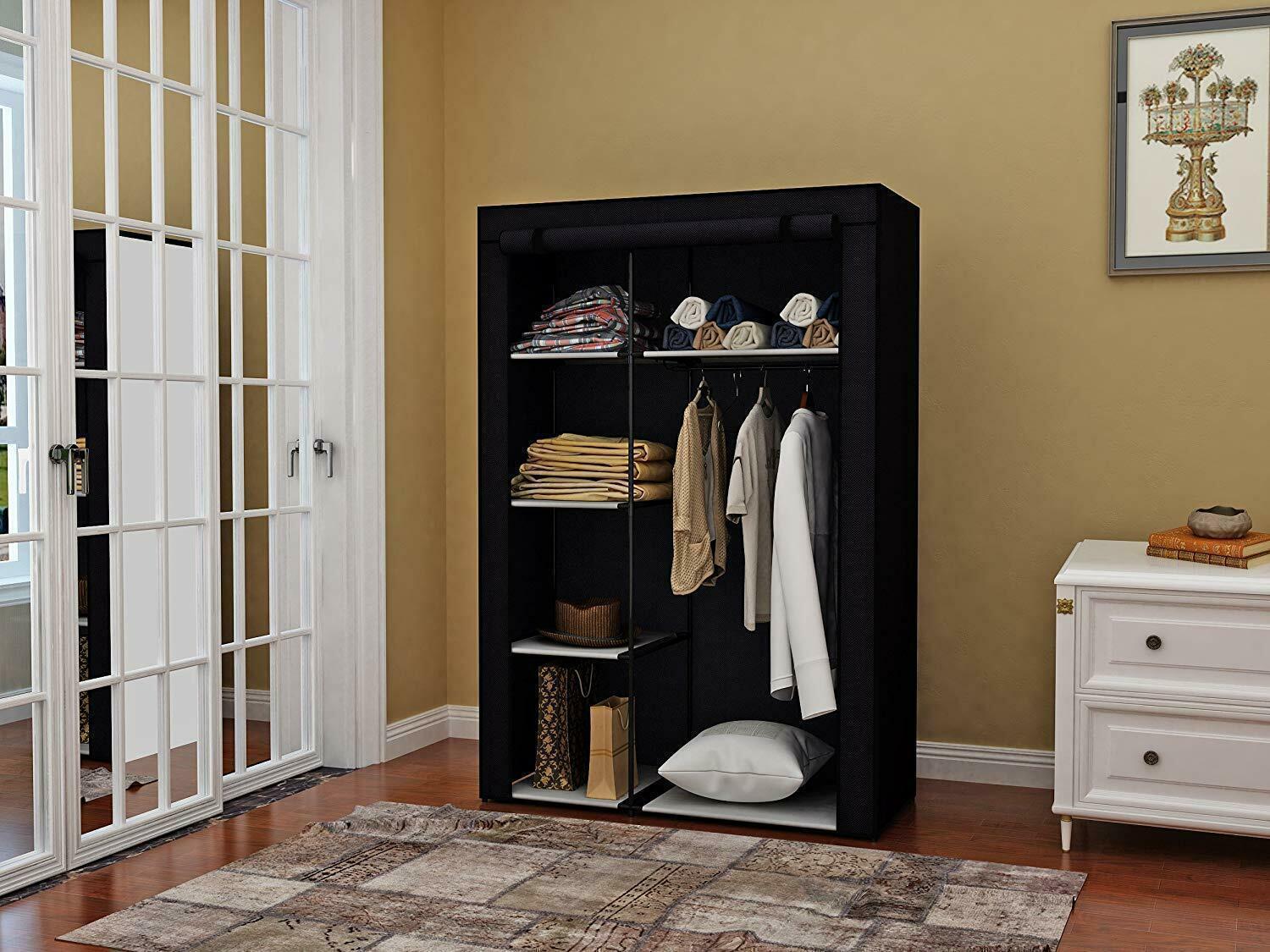 64" Portable Closet Storage Organizer Clothes Wardrobe Shoe Rack Shelf w/ Cover - Picture 18 of 20