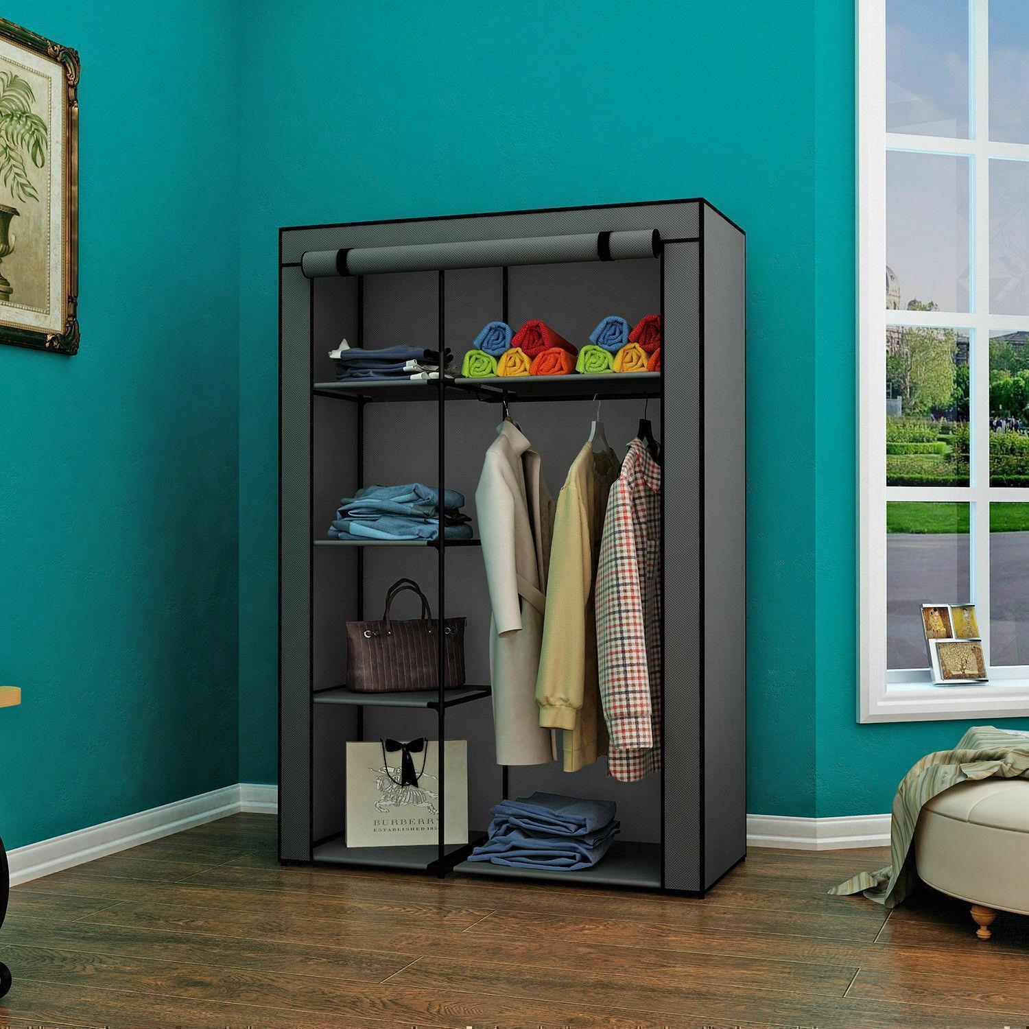 64" Portable Closet Storage Organizer Clothes Wardrobe Shoe Rack Shelf w/ Cover - Picture 15 of 20