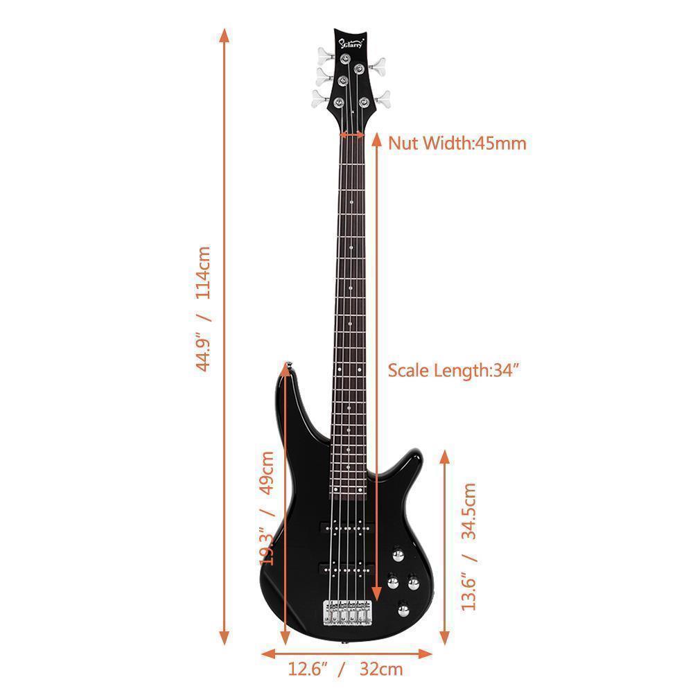 Color:Black:New  Black Wood Sunset Glarry GIB Electric 5 String Bass Guitar Full Size Bag