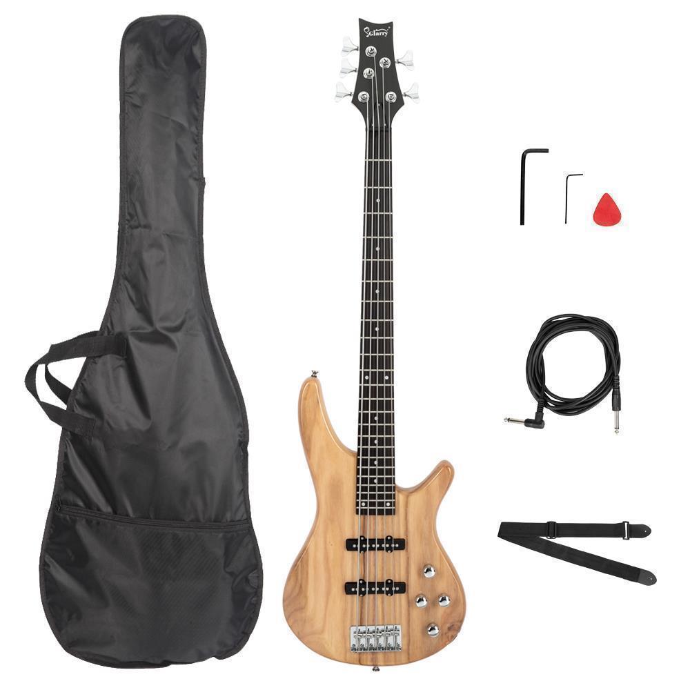 Color:Wood:New  Black Wood Sunset Glarry GIB Electric 5 String Bass Guitar Full Size Bag