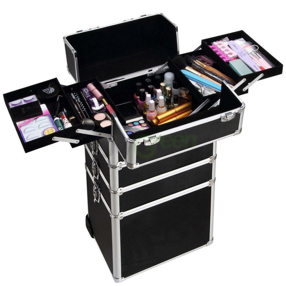 Aluminum 4 in1 Rolling Makeup Trolley Train Case Box Organizer Salon Cosmetic - Picture 7 of 11