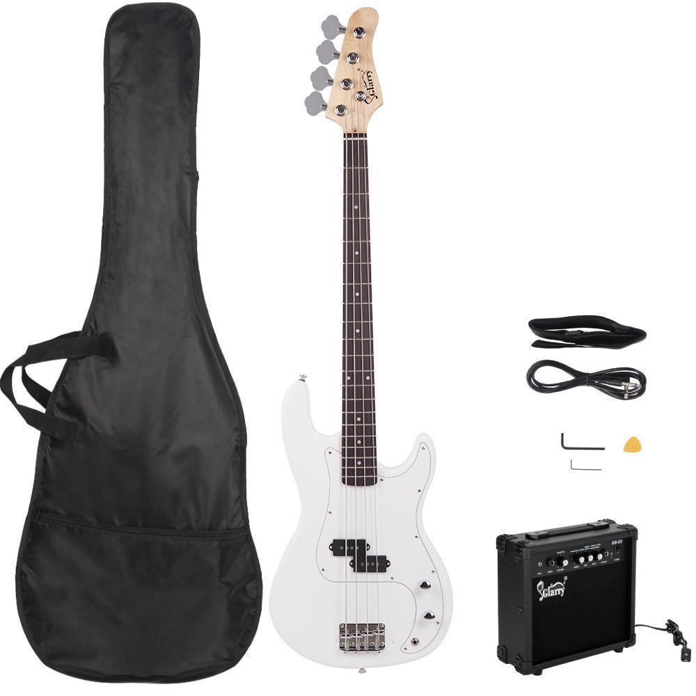 Color:White:Glarry School Band Basswood 4 Strings Electric Guitar Bass W/ 20W AMP