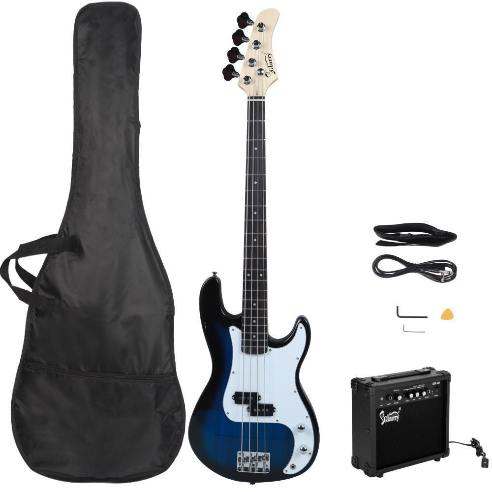 Color:Blue:Glarry School Band Basswood 4 Strings Electric Guitar Bass W/ 20W AMP