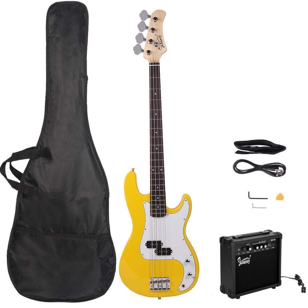 Color:Yellow:Glarry School Band Basswood 4 Strings Electric Guitar Bass W/ 20W AMP