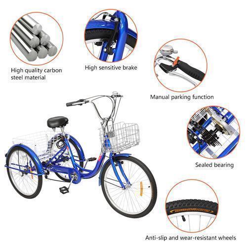 24'' 26'' Adult Tricycle 7 Speed Bicycle 3 Wheel Bike Cruiser Trike w/ Basket - Picture 14 of 18