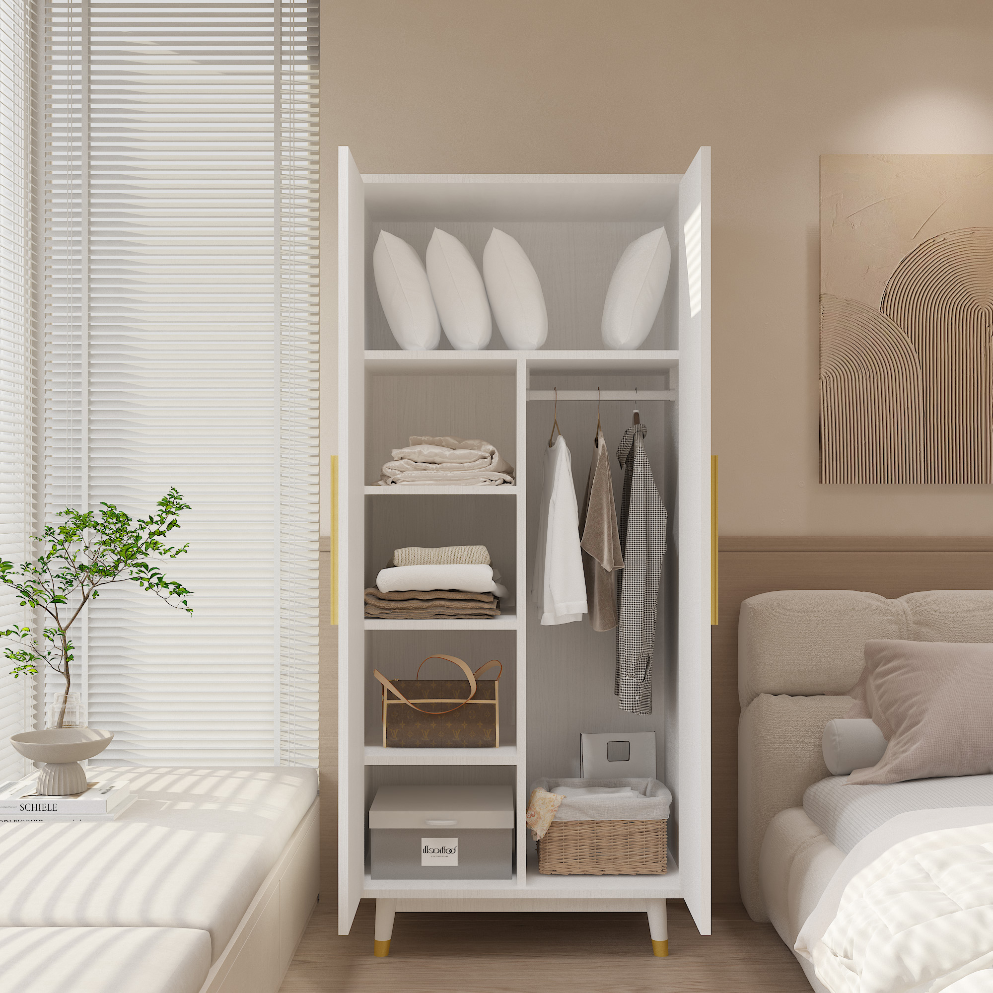 70inch Armoire Wardrobe Bedroom Closet 2 Door With Hanging Rod Organizer Cabinet - Picture 3 of 8