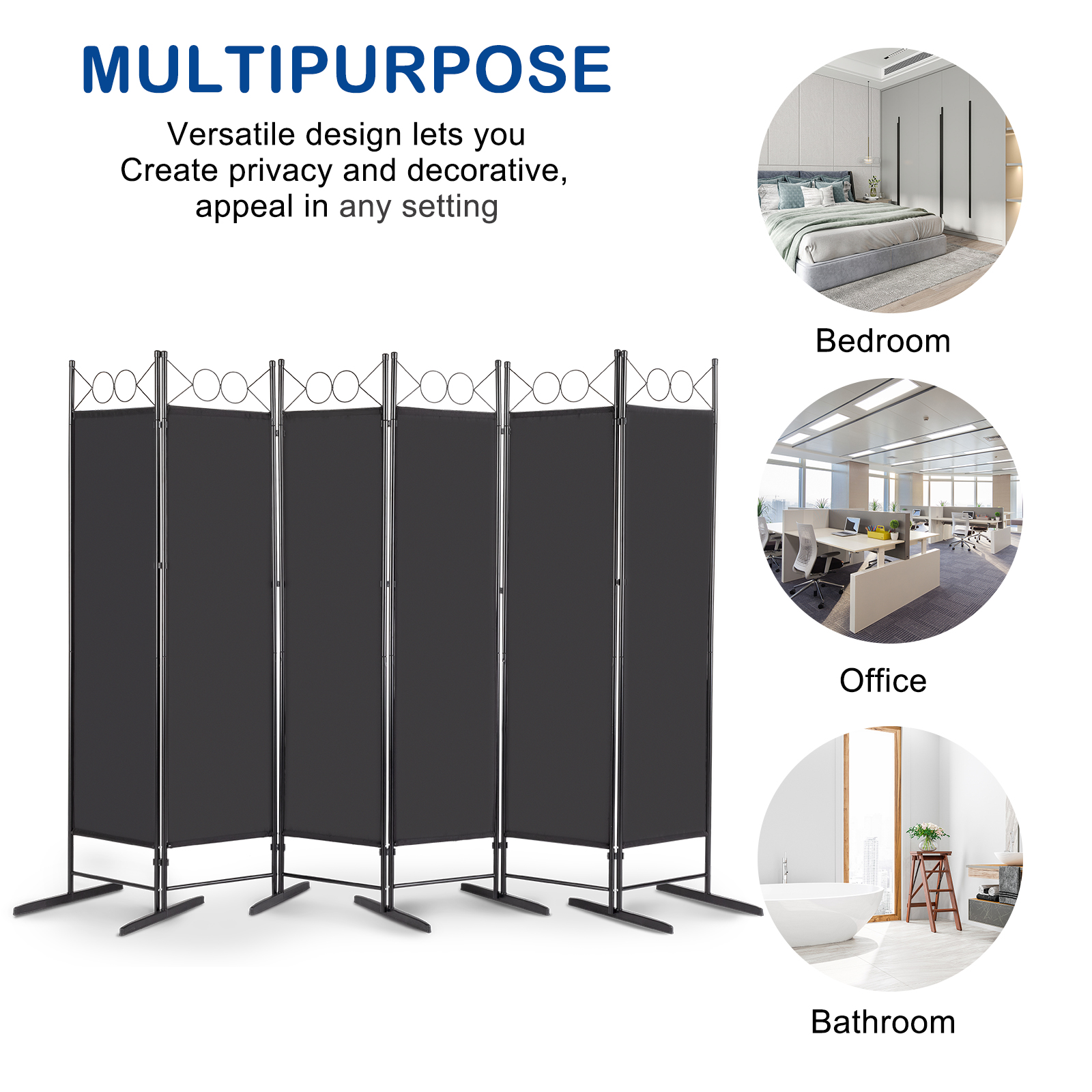 6ft 6-Panel Folding Privacy Screen Room Divider Multipurpose Decoration
