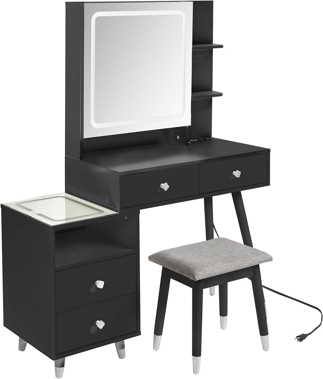 Vanity Table Set Makeup Dressing Table With LED Top Nightstand &Charging Station - Picture 8 of 14