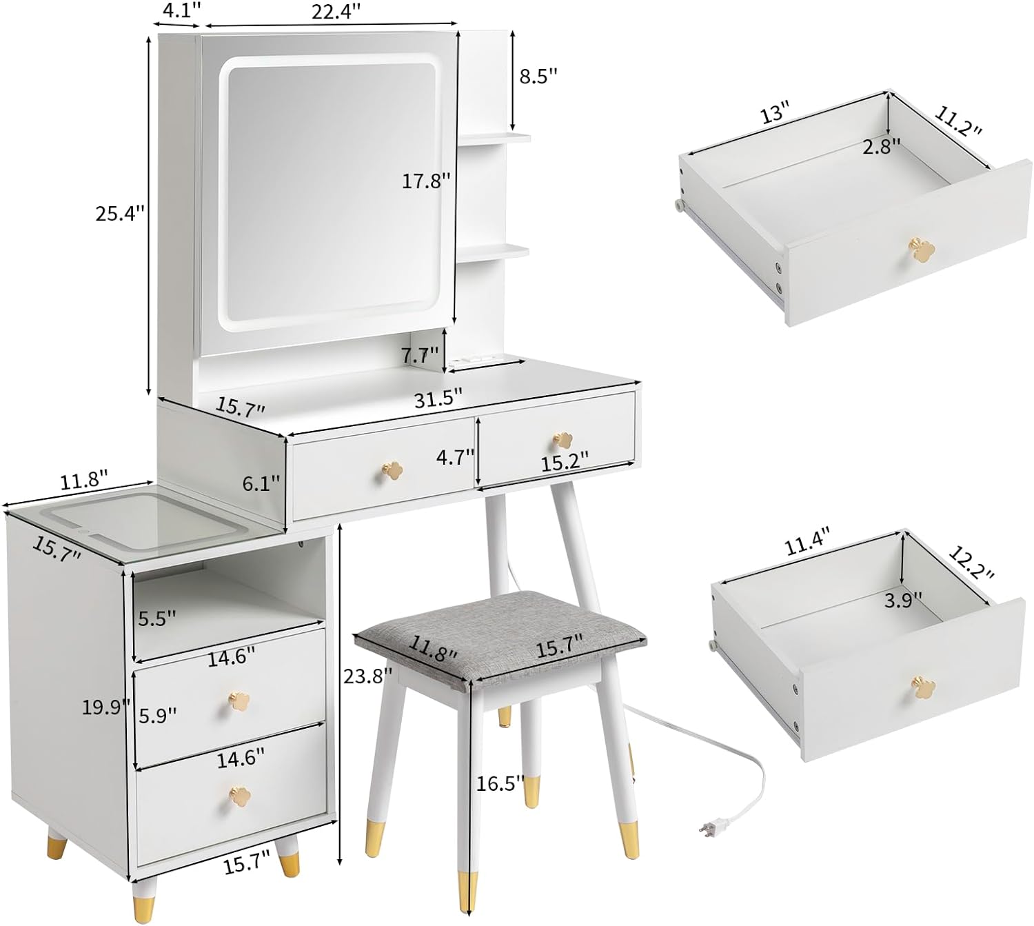 Vanity Table Set Makeup Dressing Table With LED Top Nightstand &Charging Station - Picture 7 of 14
