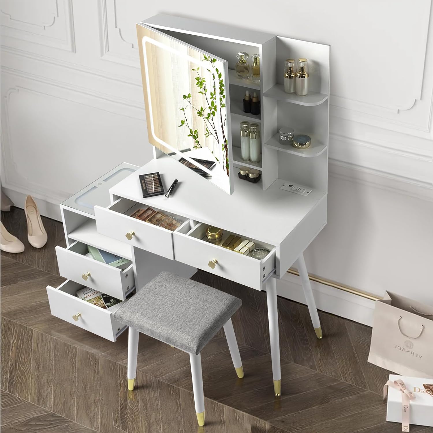 Vanity Table Set Makeup Dressing Table With LED Top Nightstand &Charging Station - Picture 6 of 14