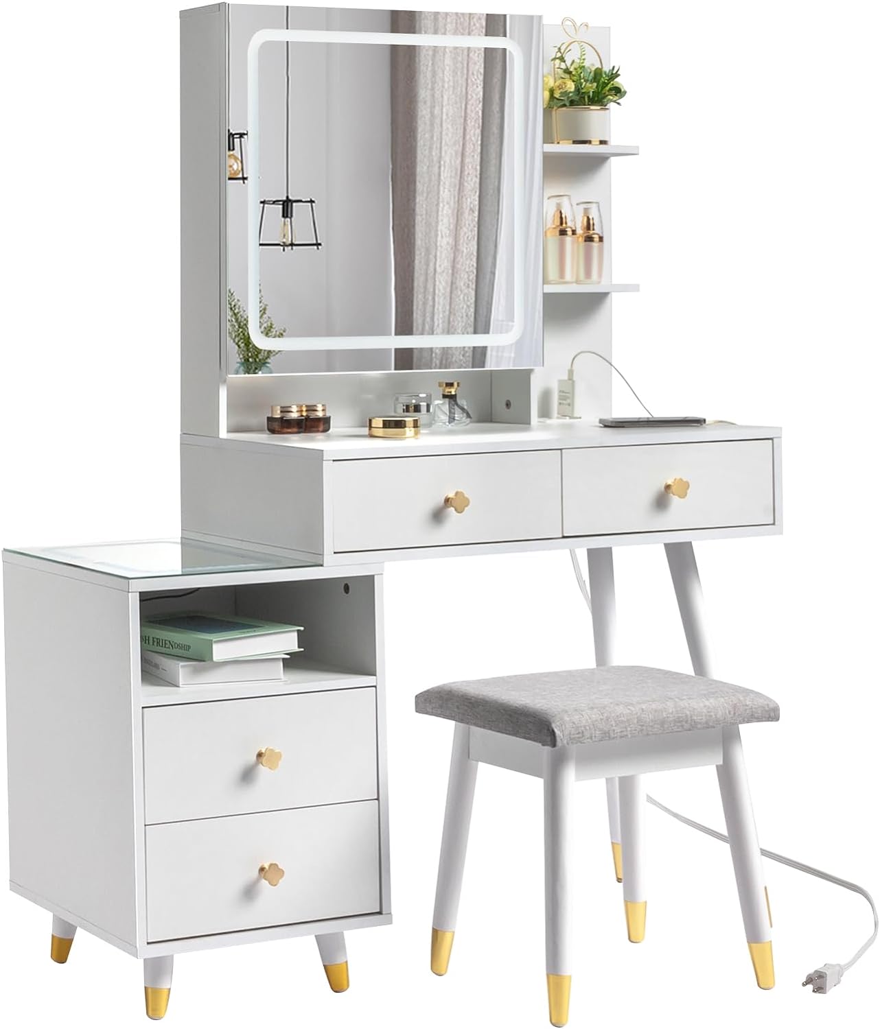 Vanity Table Set Makeup Dressing Table With LED Top Nightstand &Charging Station - Picture 5 of 14