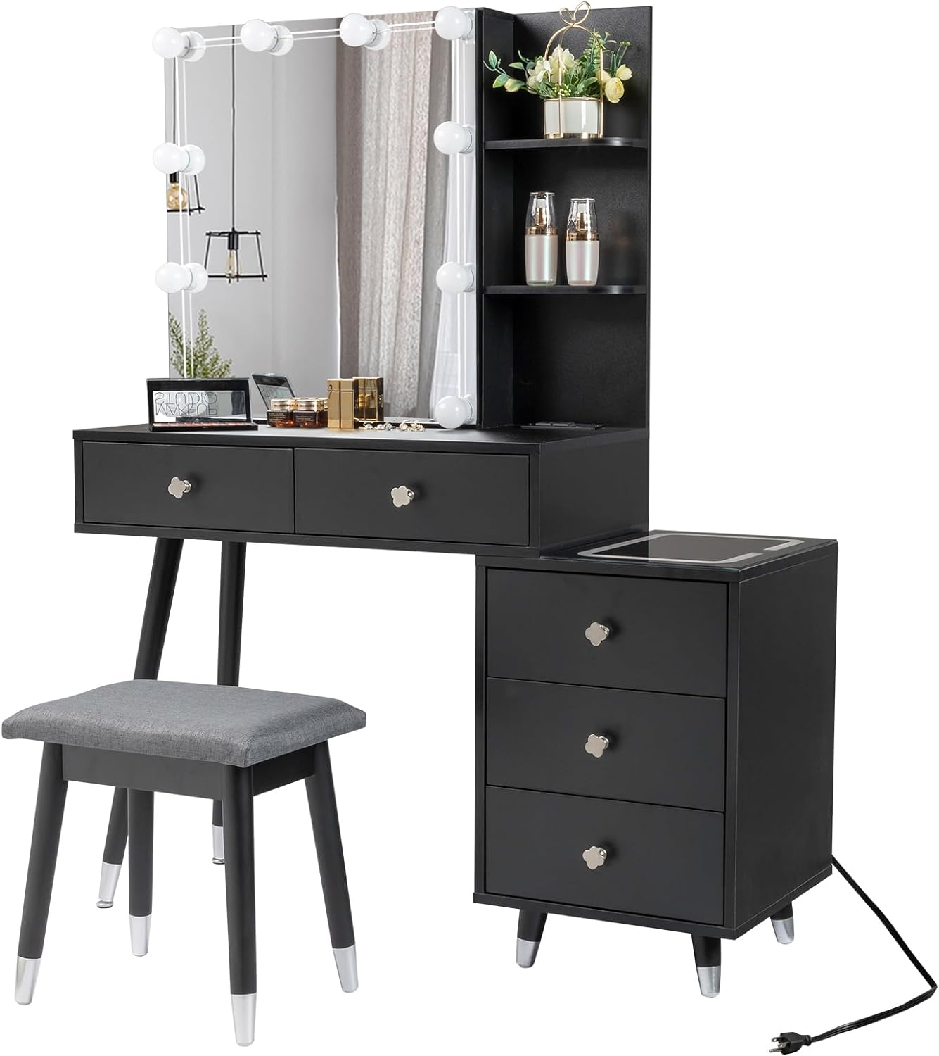 Vanity Table Set Makeup Dressing Table With LED Top Nightstand &Charging Station - Picture 14 of 14