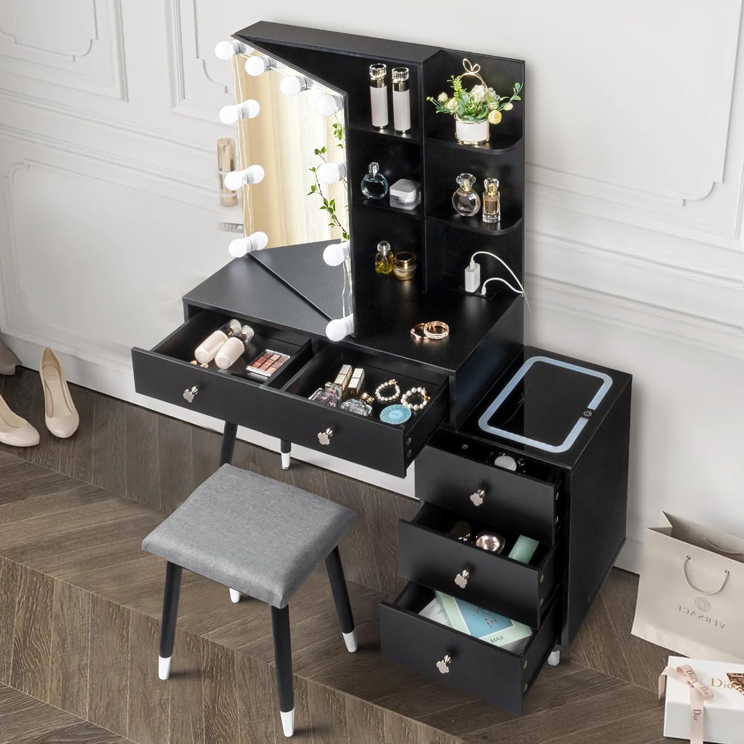 Vanity Table Set Makeup Dressing Table With LED Top Nightstand &Charging Station - Picture 13 of 14