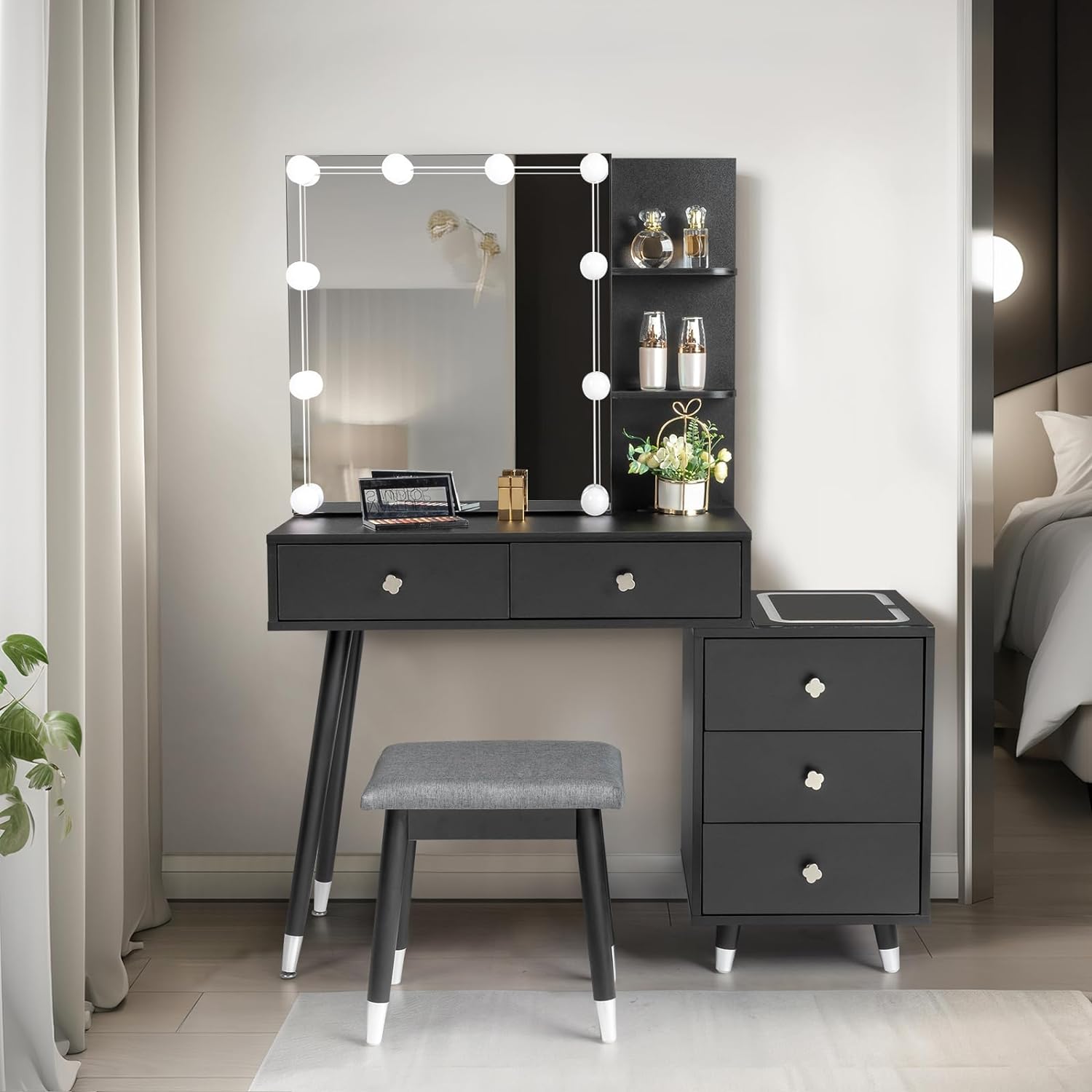 Vanity Table Set Makeup Dressing Table With LED Top Nightstand &Charging Station - Picture 12 of 14