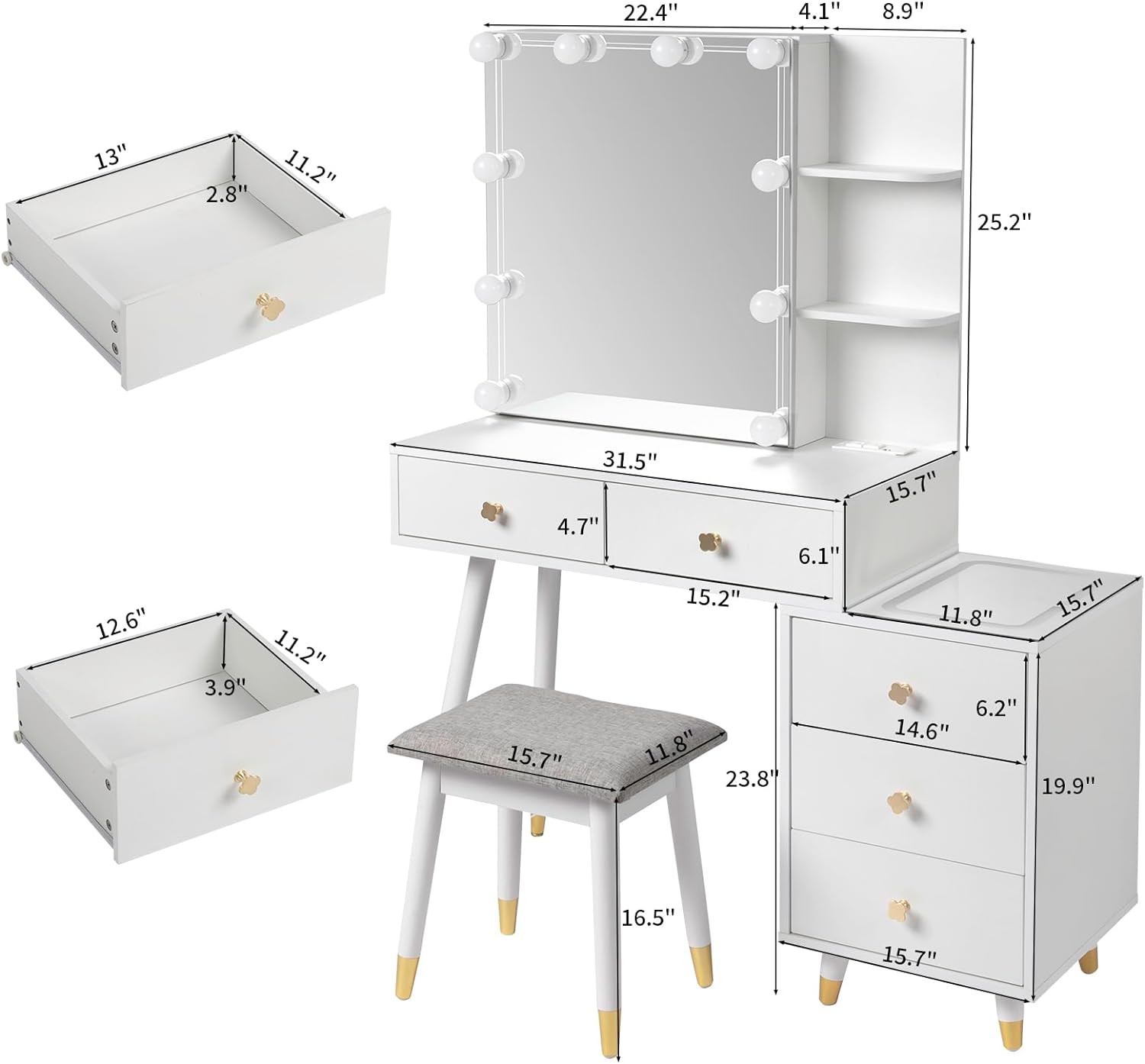 Vanity Table Set Makeup Dressing Table With LED Top Nightstand &Charging Station - Picture 11 of 14