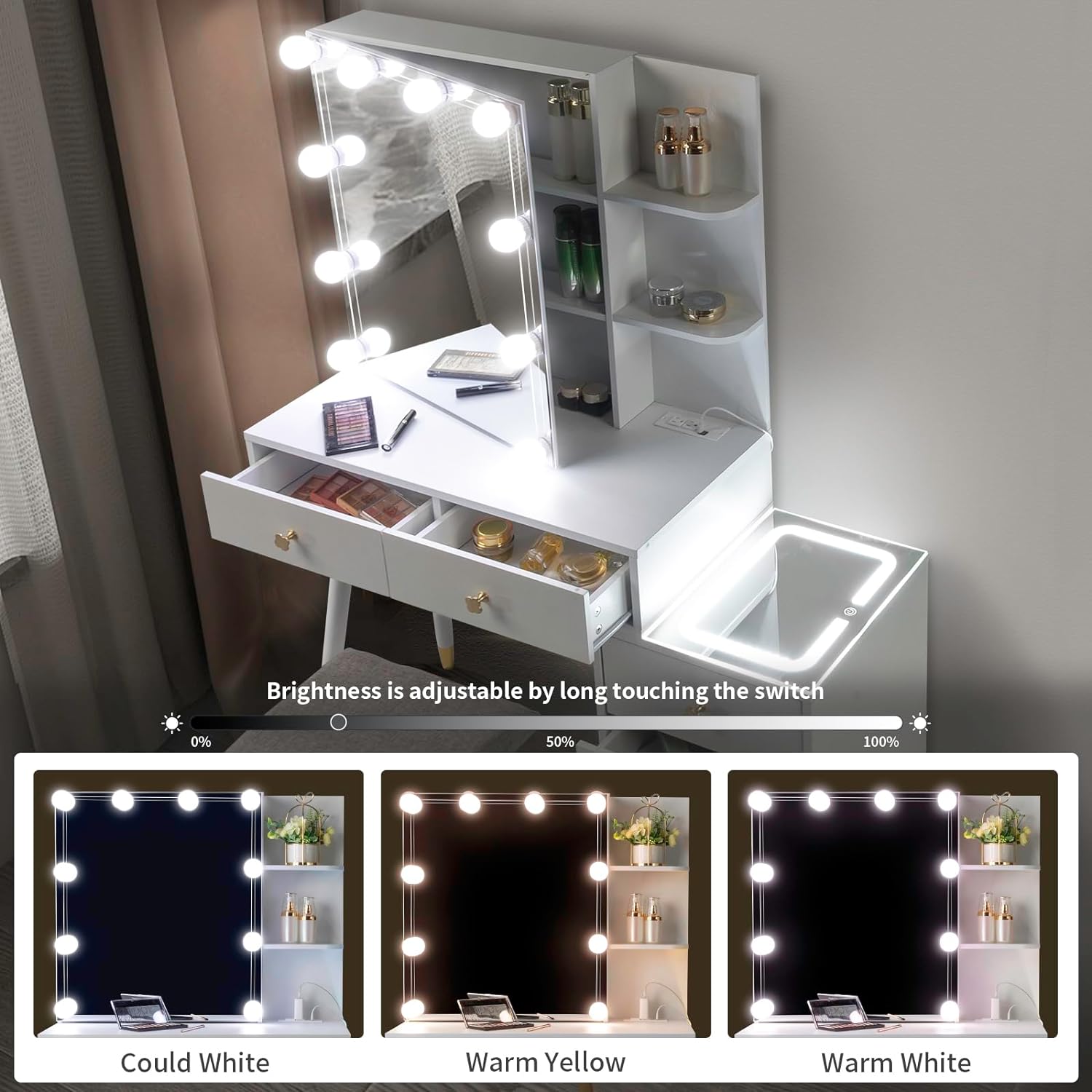 Vanity Table Set Makeup Dressing Table With LED Top Nightstand &Charging Station - Picture 10 of 14