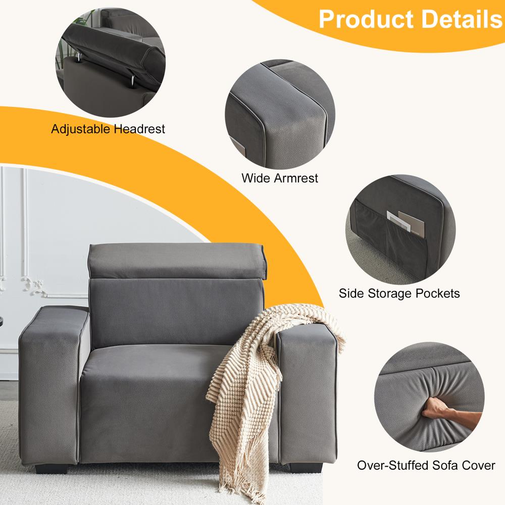 Single Sofa Couch Arm Chair Accent Adjustable Headrest for Living Room - Picture 13 of 23