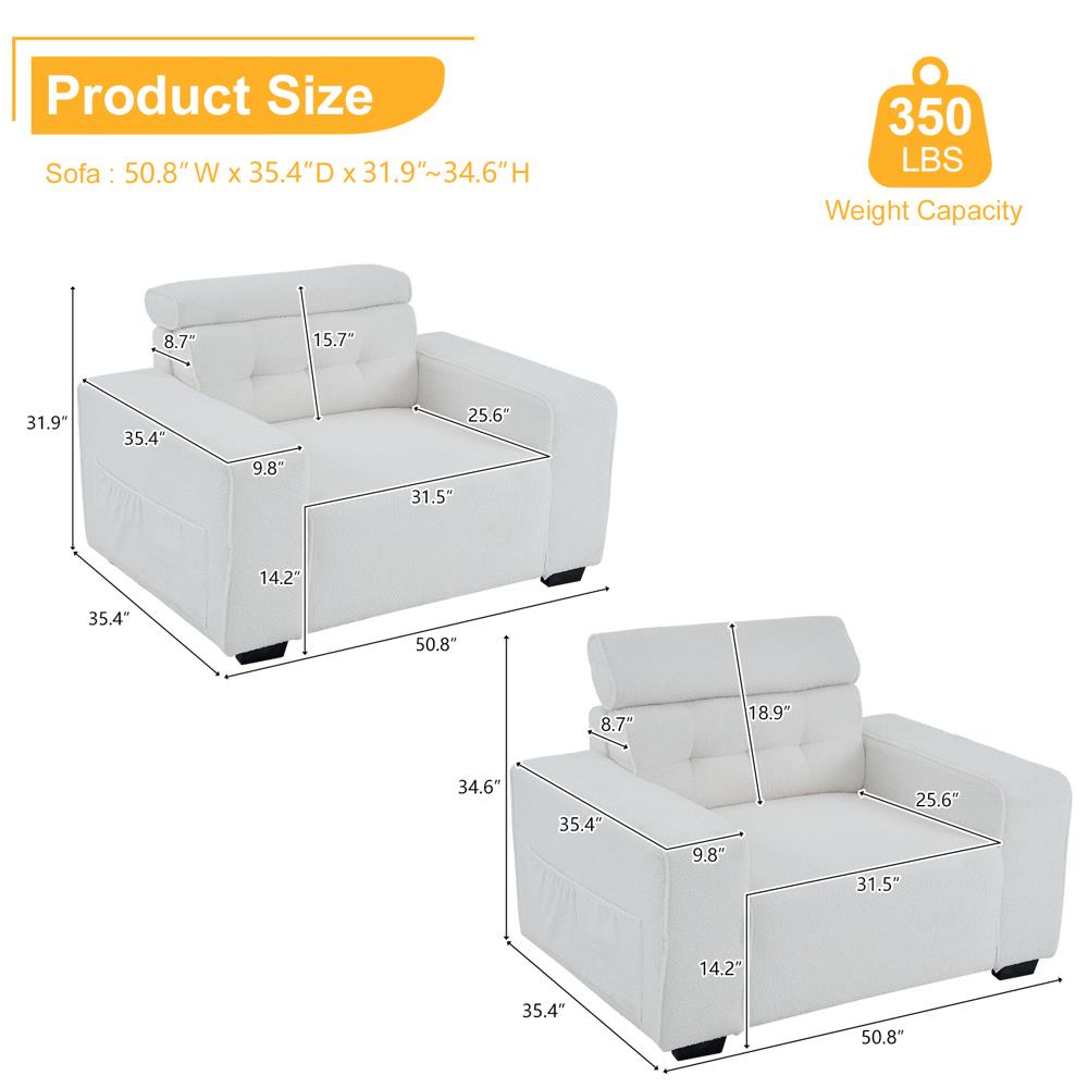 Single Sofa Couch Arm Chair Accent Adjustable Headrest for Living Room - Picture 8 of 23