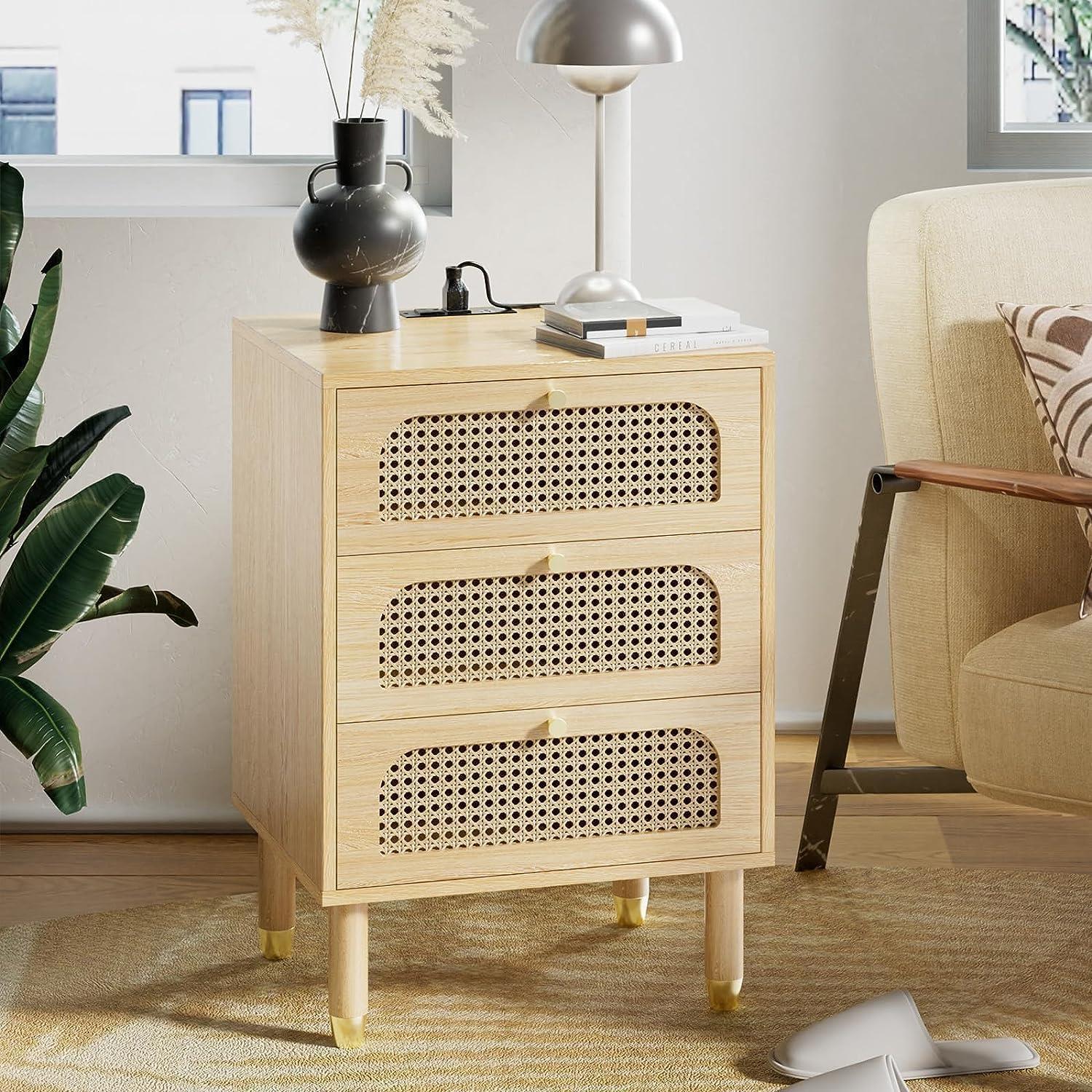 Rattan Bedroom Bedside Table Nightstand End Side With USB Charging Station - Picture 9 of 10