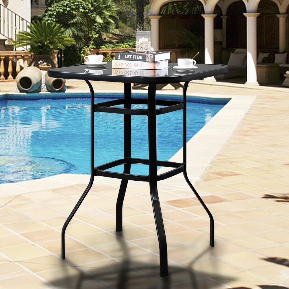 VINGLI Outdoor Bar Table Bistro Table Metal Frame Tempered Glass Table Top - Picture 10 of 12