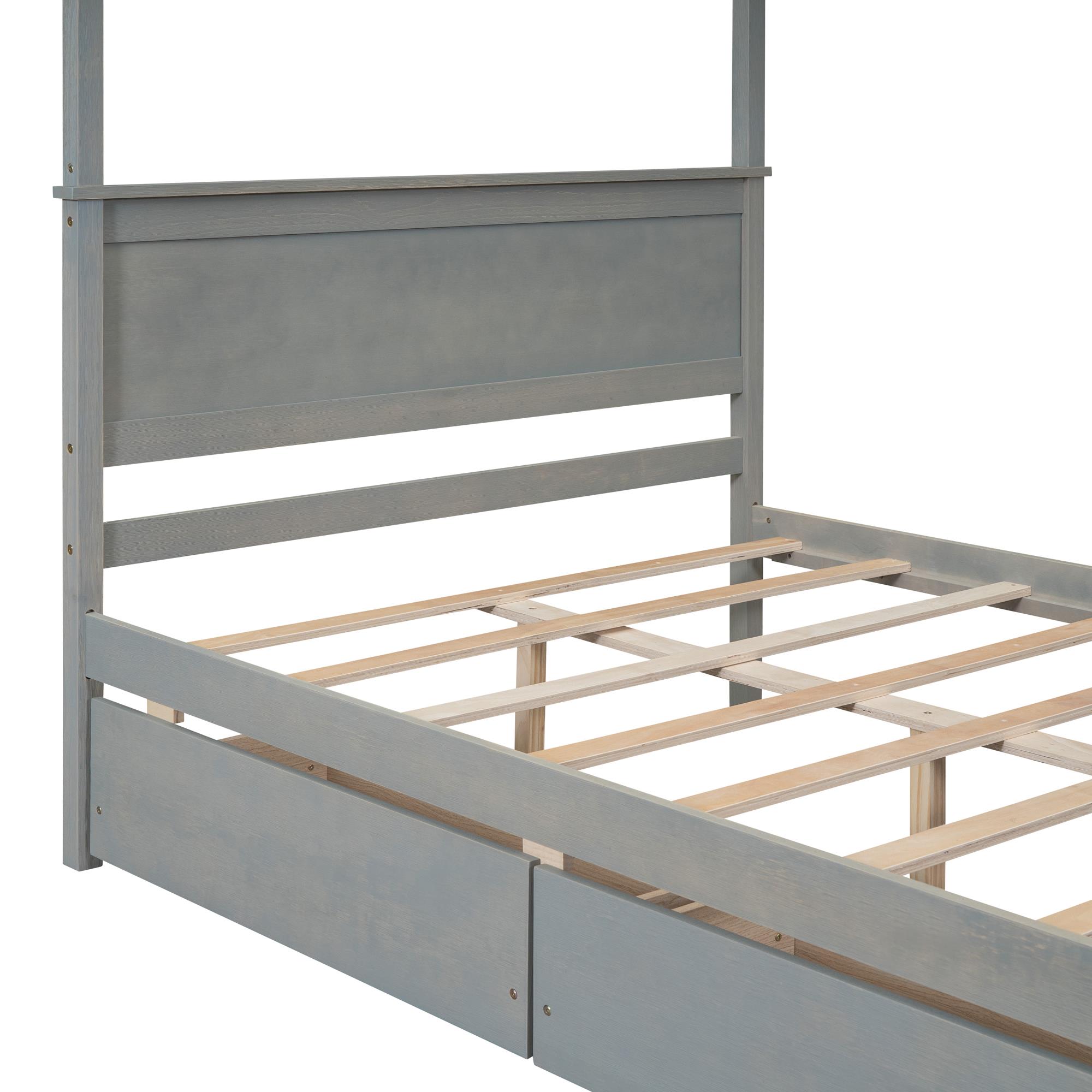Full Size Wood Canopy Platform Bed With Support Slats & Two Drawers