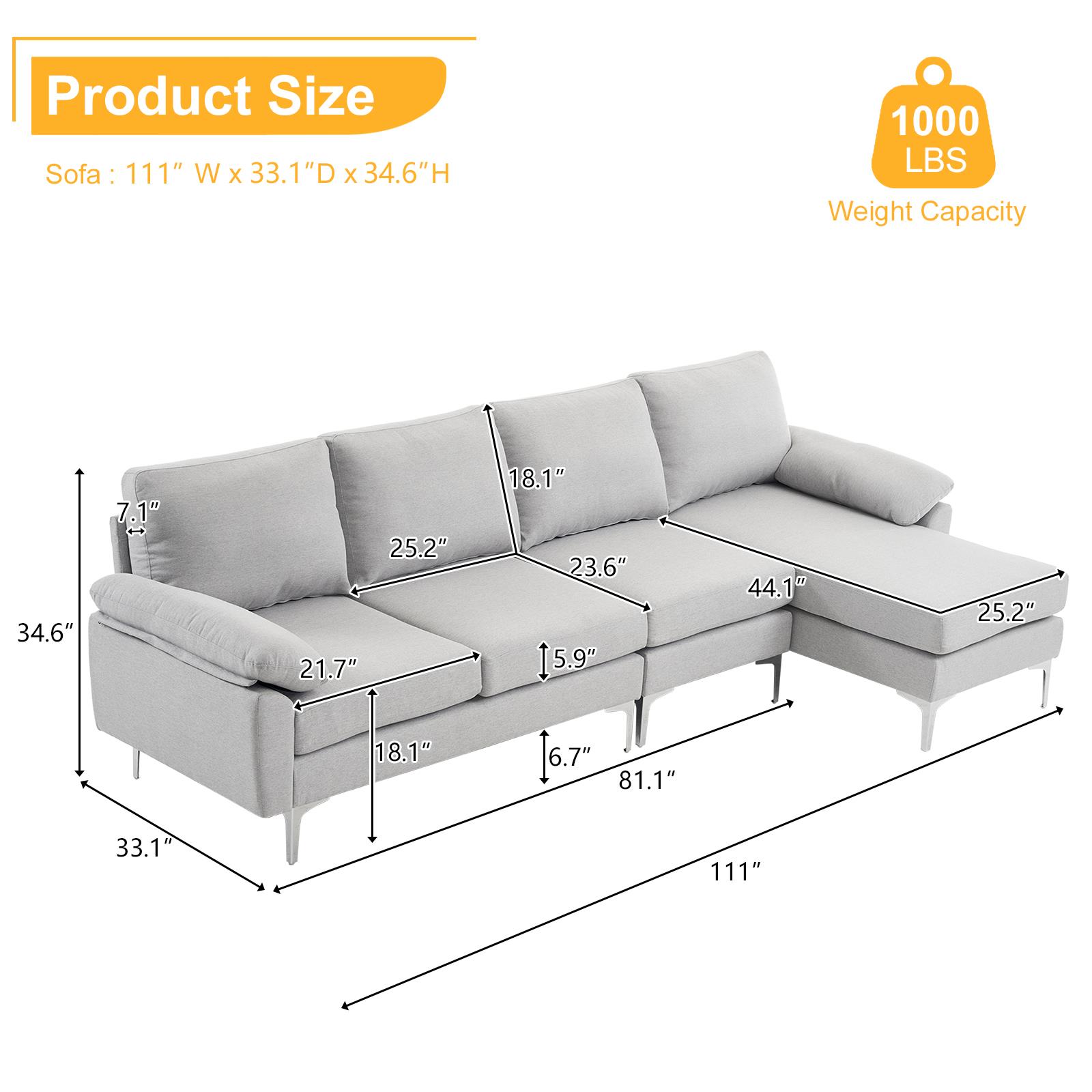 FCH L-Shaped Couch Sectional Sofa Set Living Room Convertible Couch Metal Legs