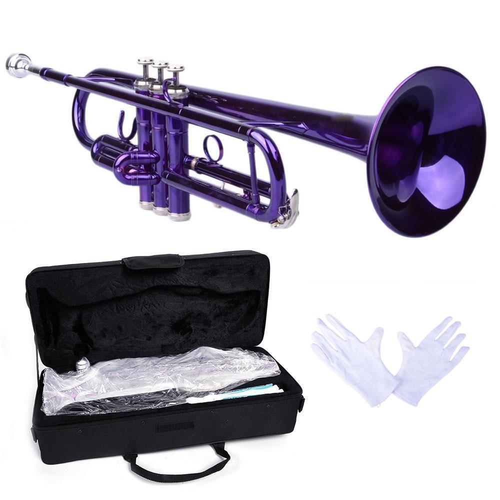 Color:Purple:New 6 Colors School Student Band Brass B Flat Bb Trumpet with Case for Beginner