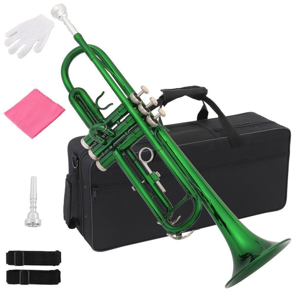 Color:Green:New 6 Colors School Student Band Brass B Flat Bb Trumpet with Case for Beginner