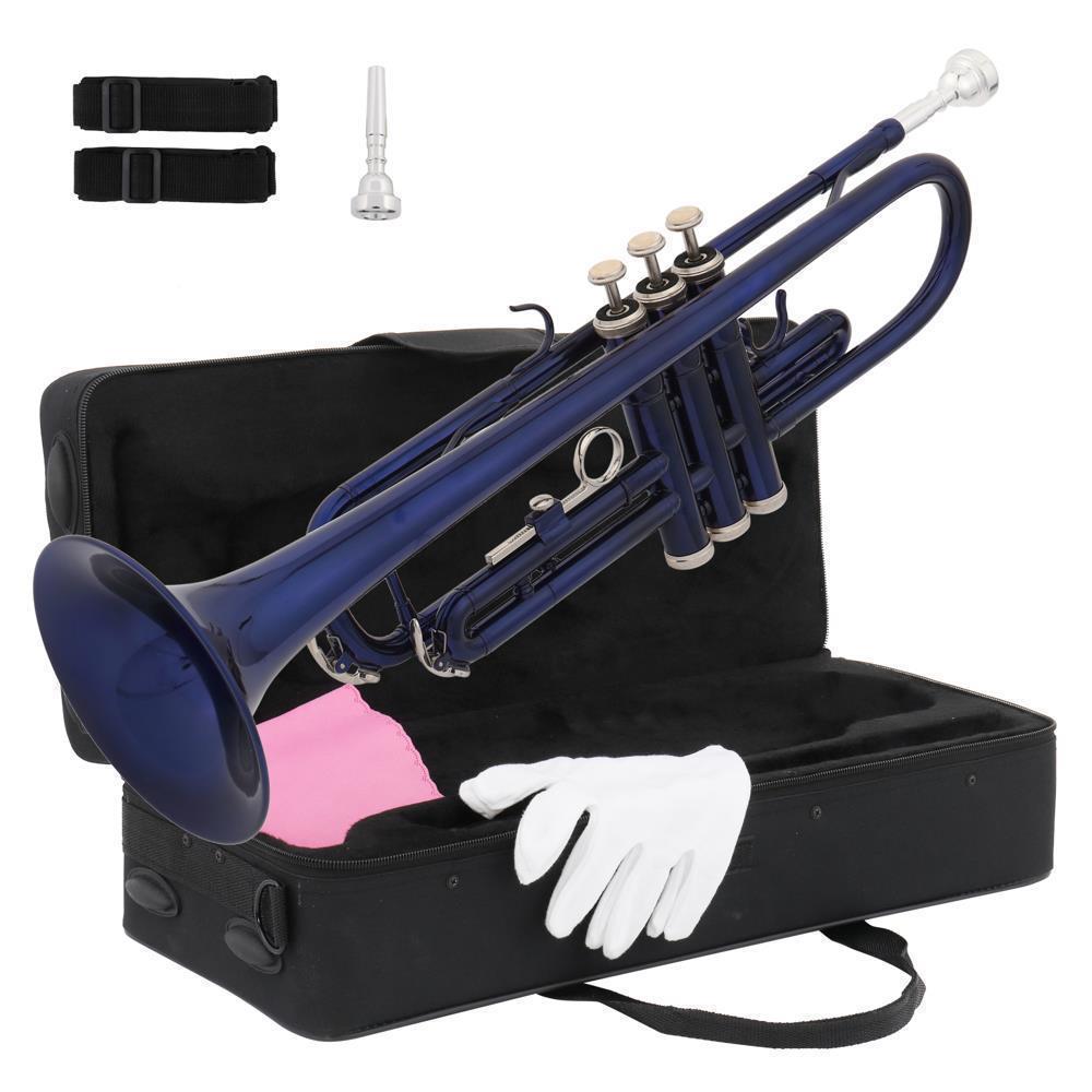 Color:Blue:New 6 Colors School Student Band Brass B Flat Bb Trumpet with Case for Beginner