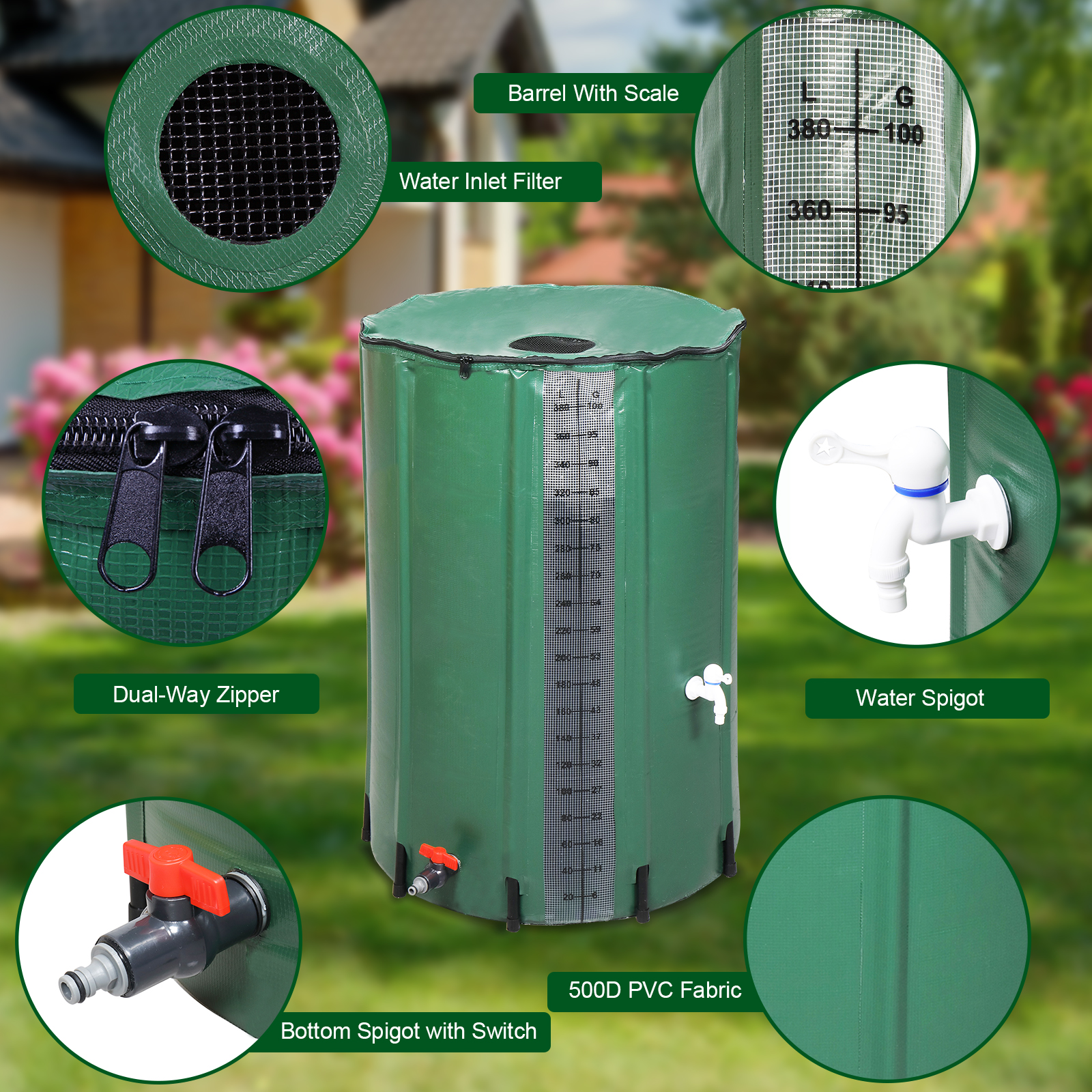 50/66/100Gallon Collapsible Rain Water Barrel Tank Butt Storage Spout ...