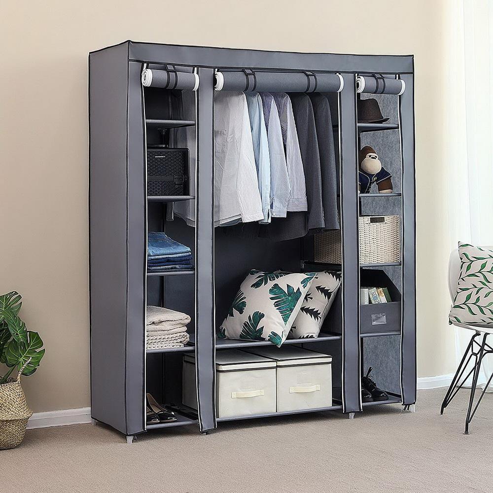TRIPLE FABRIC CANVAS WARDROBE HANGING RAIL SHELVING CLOTHES STORAGE CUPBOARD