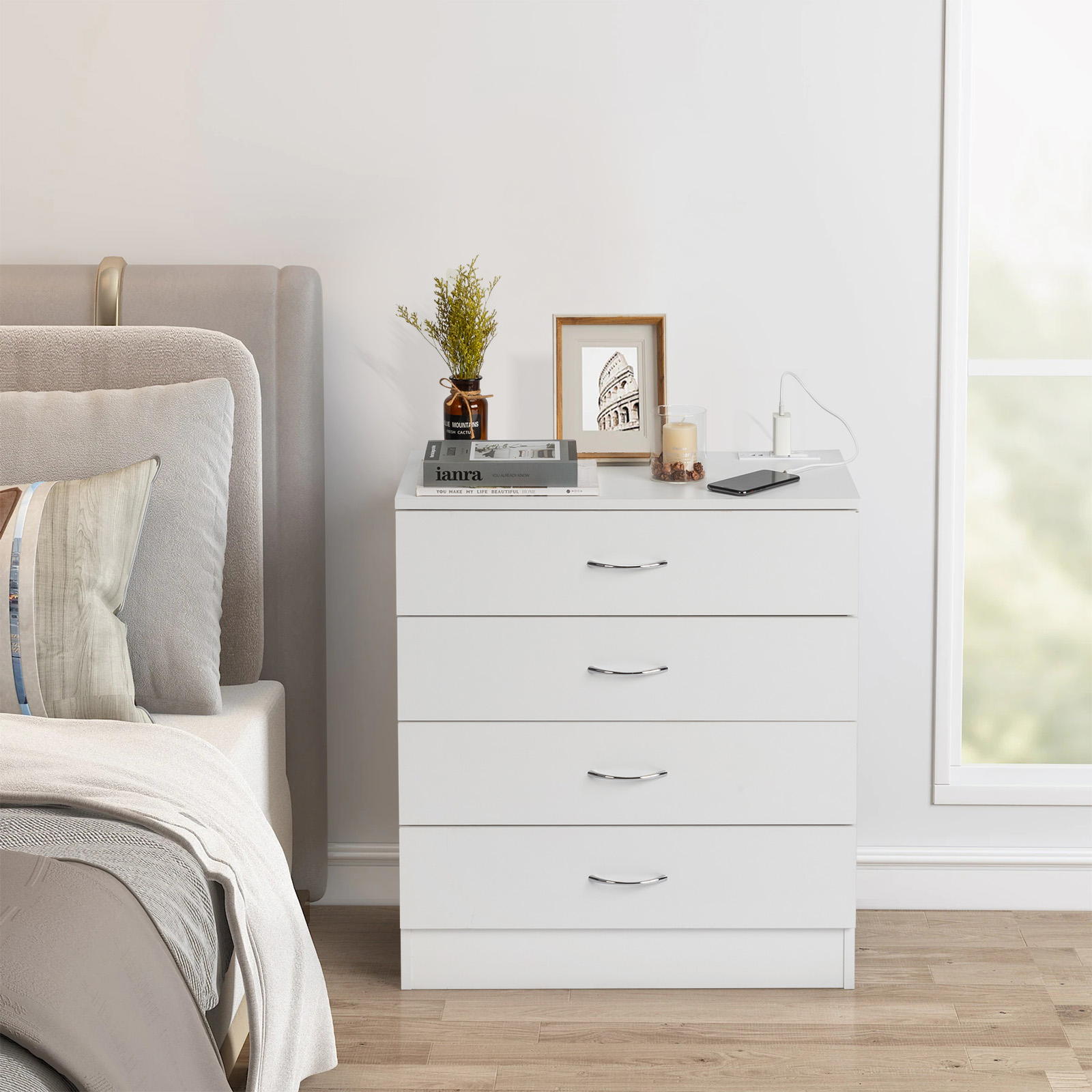 Nightstand End Side Table 4 Drawer Dresser Bedside Table with Charging Station