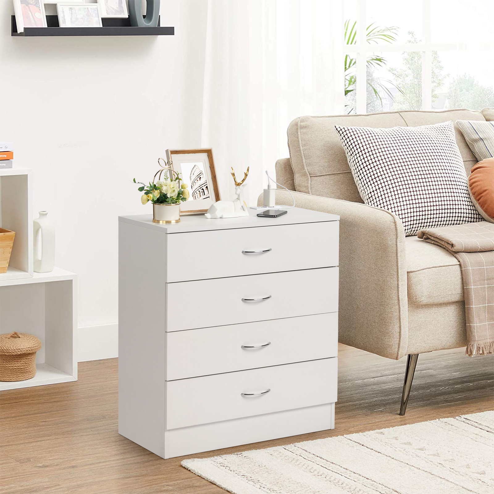 End Side Table 4 Drawer Dresser Bedside Table With Charging 