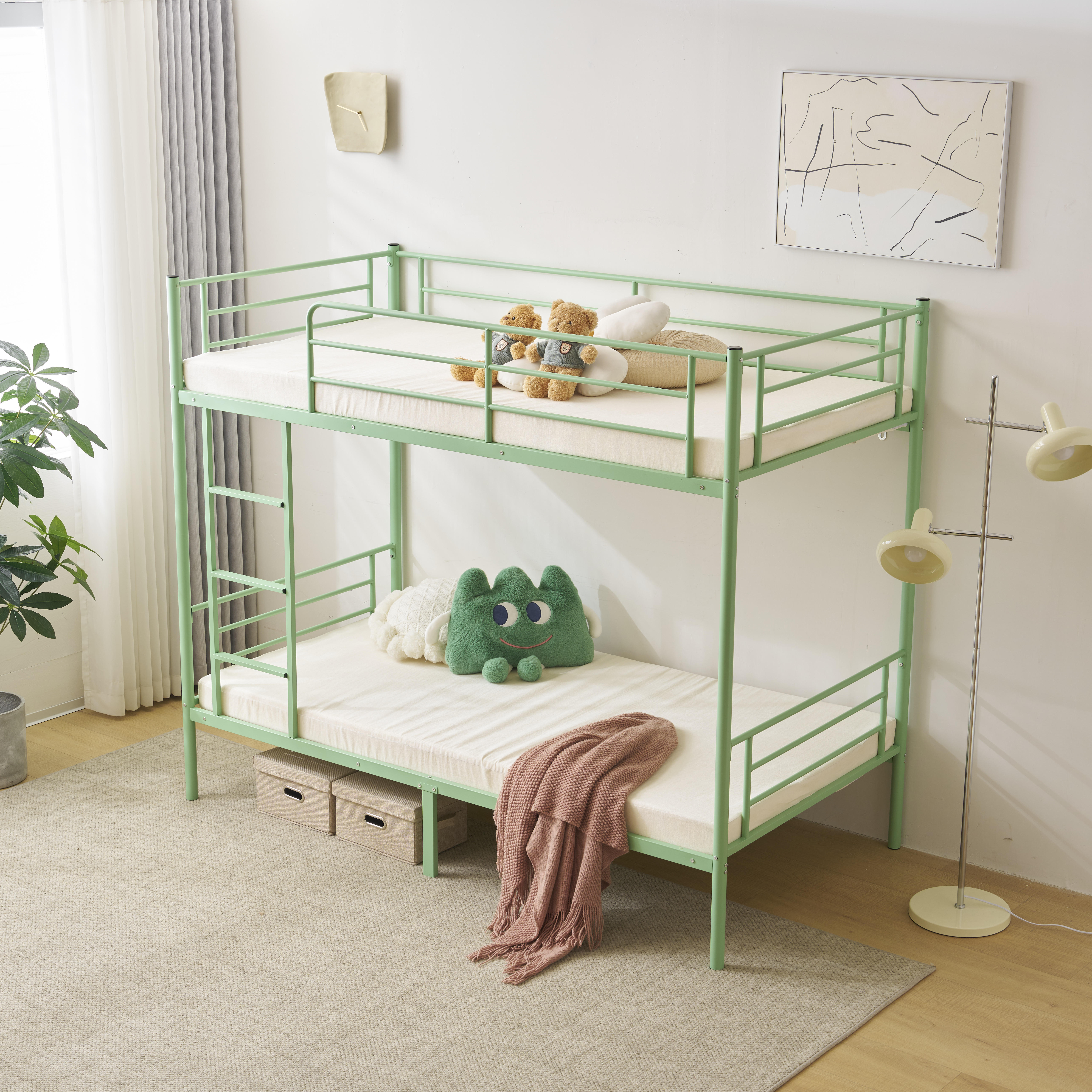 Twin Over Twin Metal Bunk Bed with Trundle Steel Bed Frames For Home School Dor