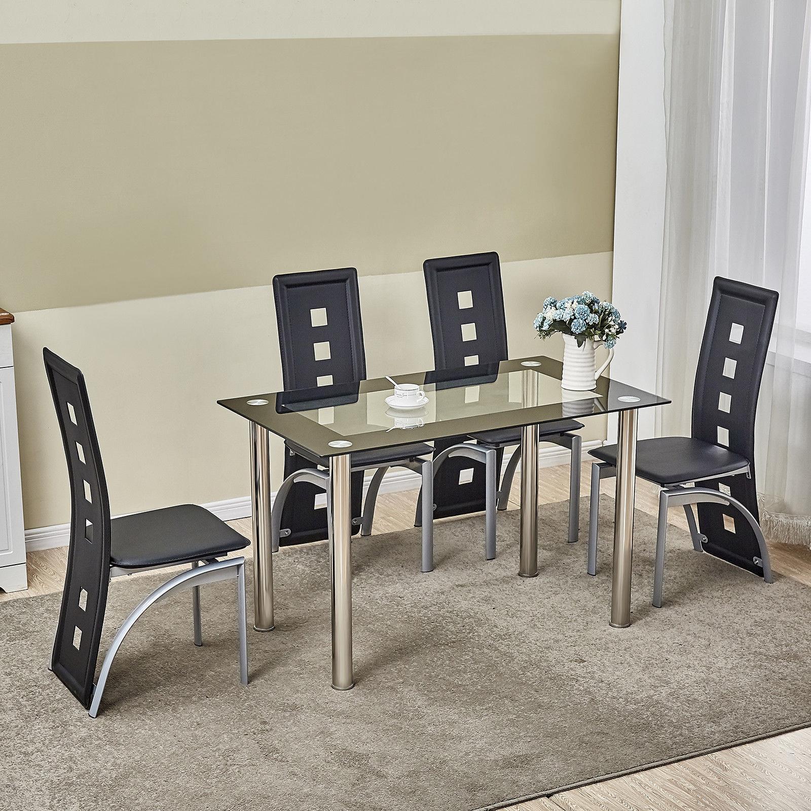 5 Piece Dining Set Glass Table and 4 Chairs Kitchen Breakfast Furniture ...