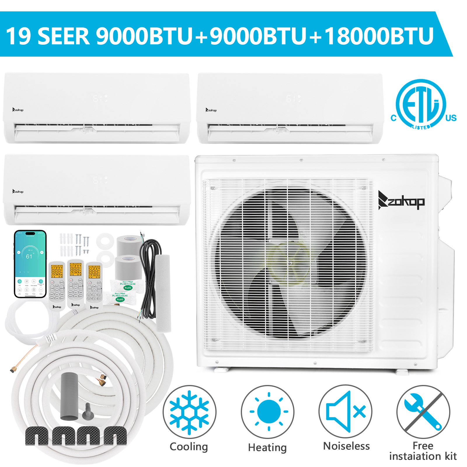 Tri Zone 27000BTU WIFI Mini Split Air Conditioner Heat Ductless Inverter 19 Seer