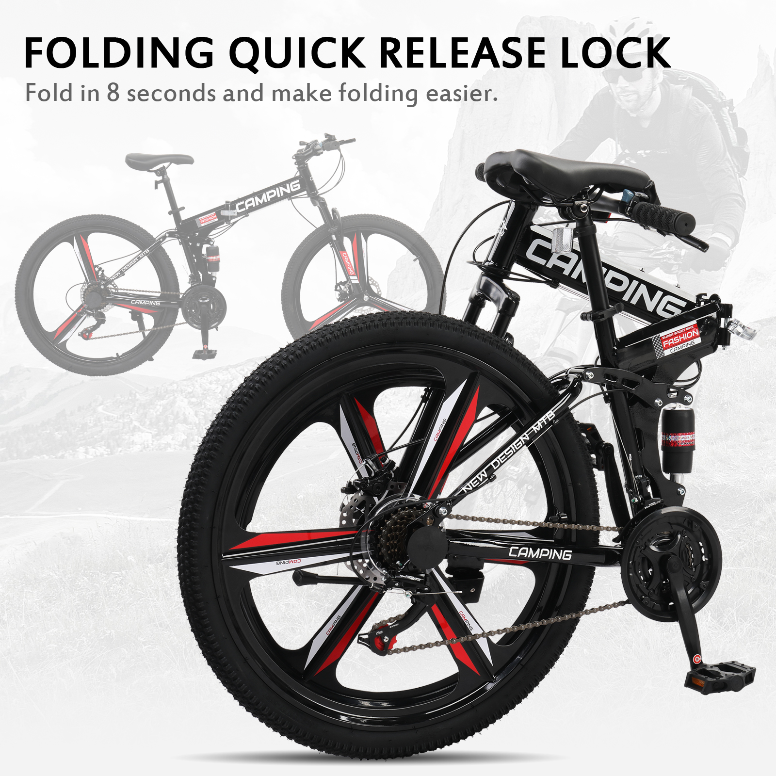 26 in Folding Mountain Bike Full Suspension MTB Bikes 21 Speeds Bicycle - Picture 8 of 17