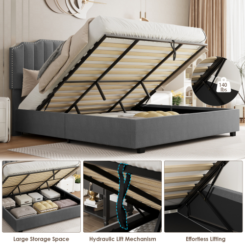 Lift Up Velvet Double Size Bed w Gas Lift Bed Base Adjustable Carved Headboard