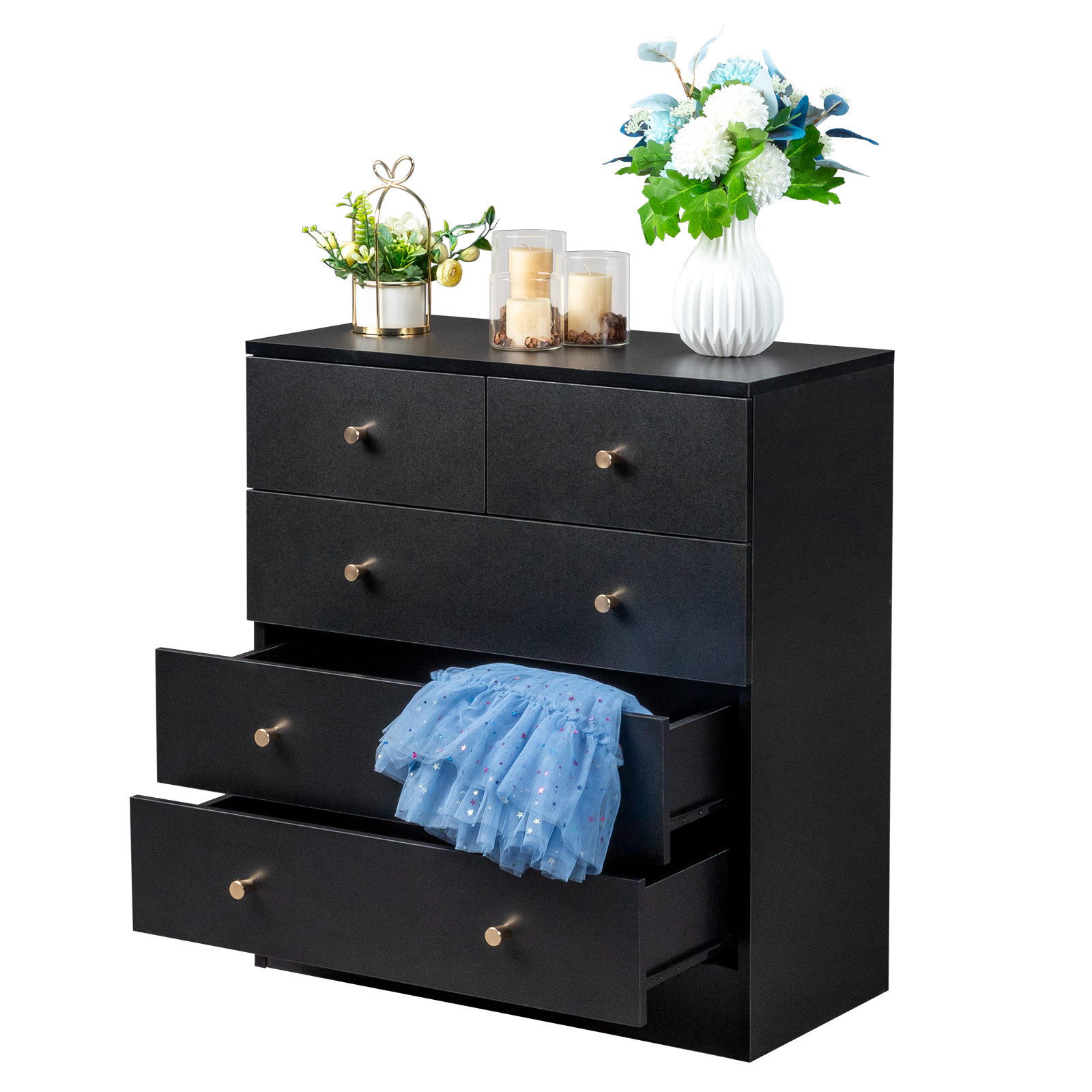 Wooden 5 Drawer Dresser Storage Tower Organizer Unit for Bedroom Closet Entryway