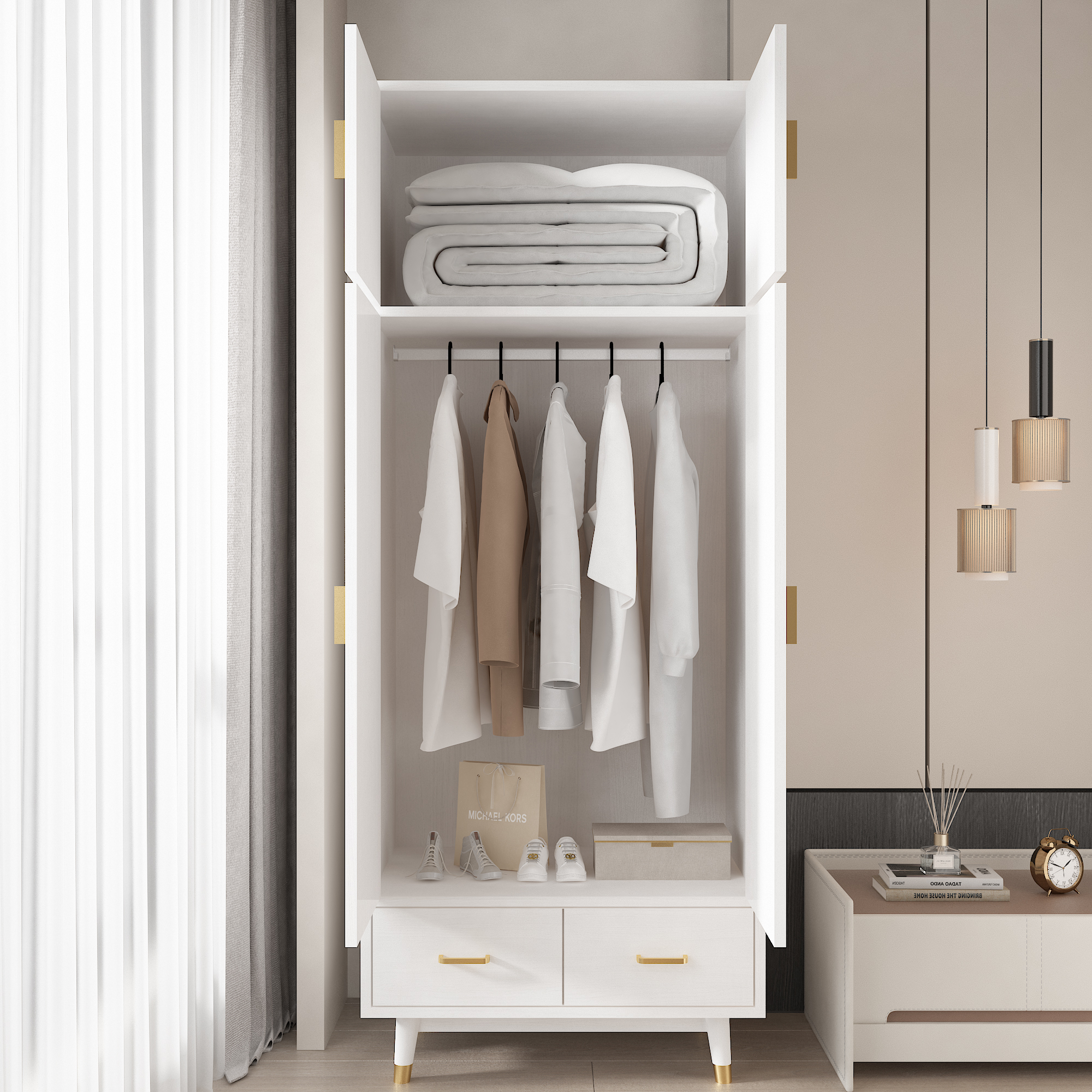 Wardrobe Armoire 4 Doors Closet With Hanging Rod Storage Organizer for Bedroom