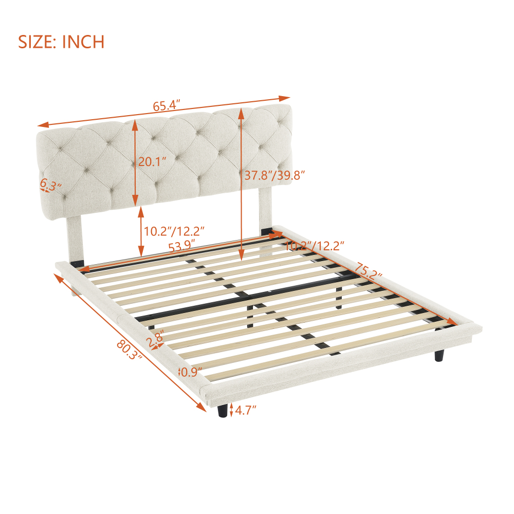 Unique Floating Design Linen Fabric Full Size Upholstered Bed Platform Bed