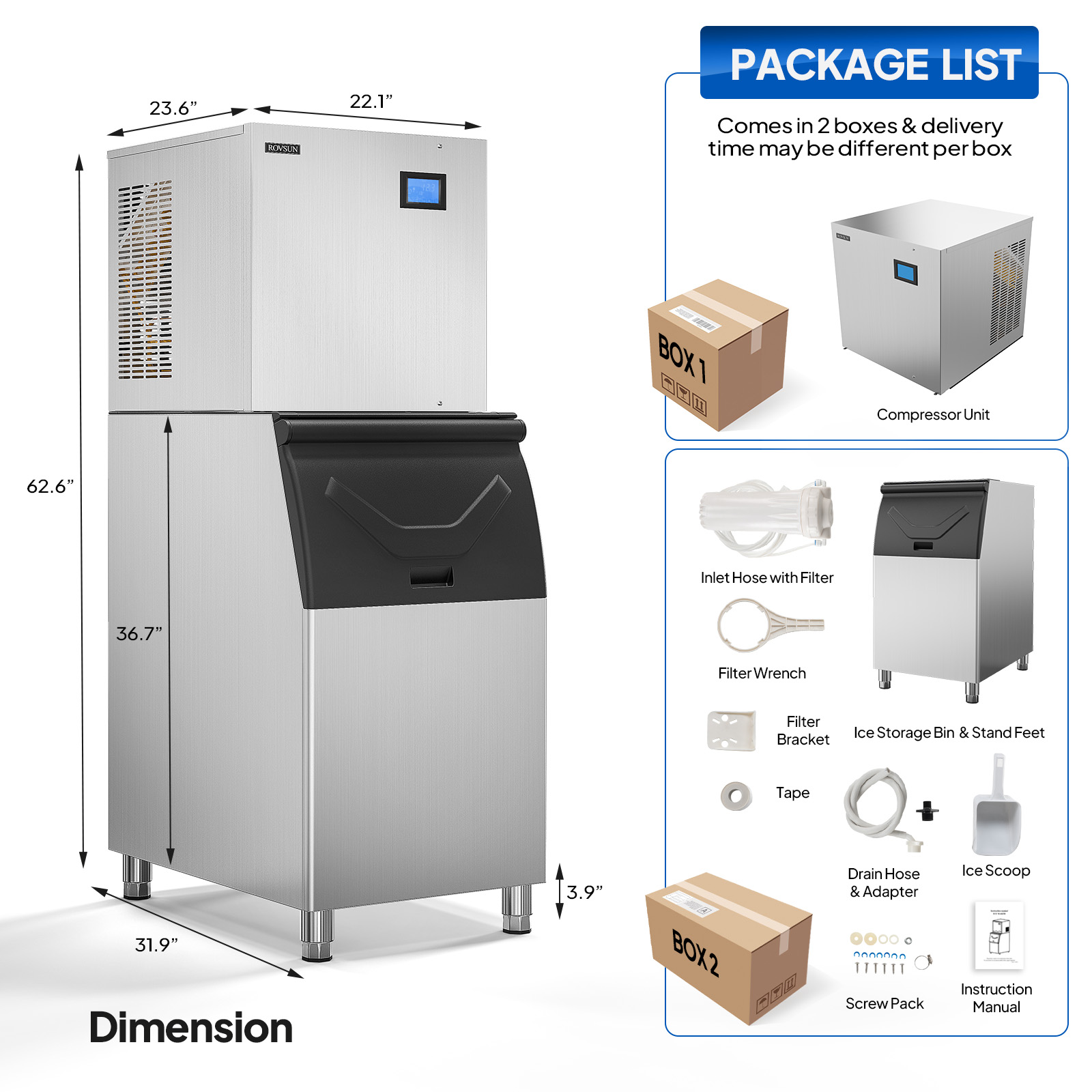 400-550LB/24H Commercial Ice Maker Machine, LCD Touch Screen & 300LB Storage Bin