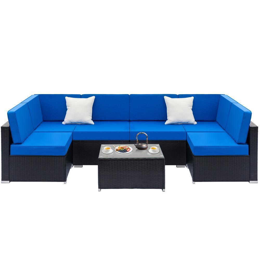 7 Pieces All Weather Patio Rattan Furniture Wicker Royal Blue Cushioned Sofa Set - Picture 15 of 16