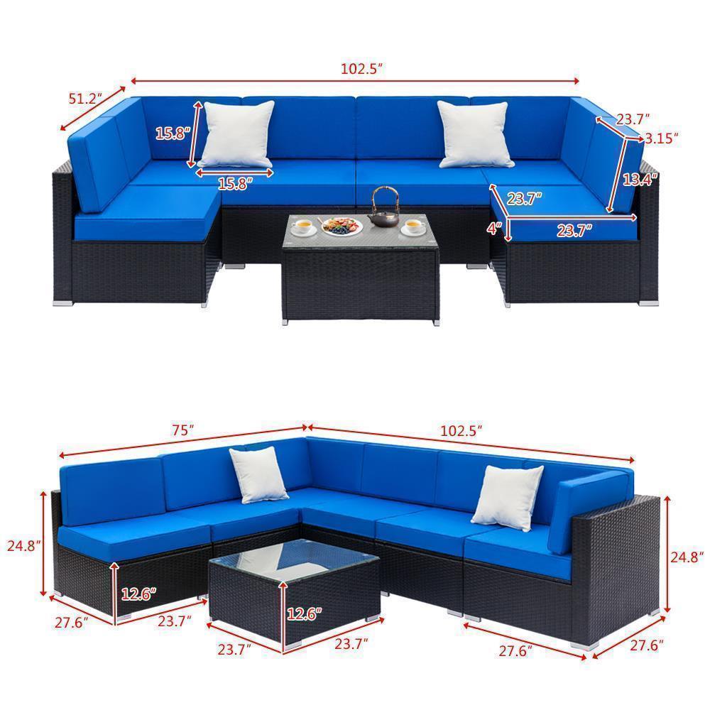 7 Pieces All Weather Patio Rattan Furniture Wicker Royal Blue Cushioned Sofa Set - Picture 13 of 16