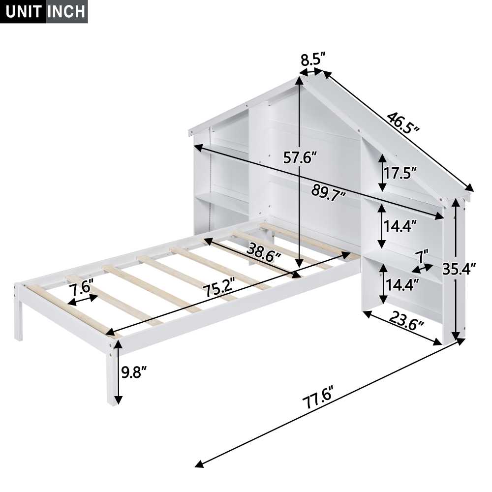 Wood Twin Size Platform Bed with House-shaped Storage Headboard and Built-in LED