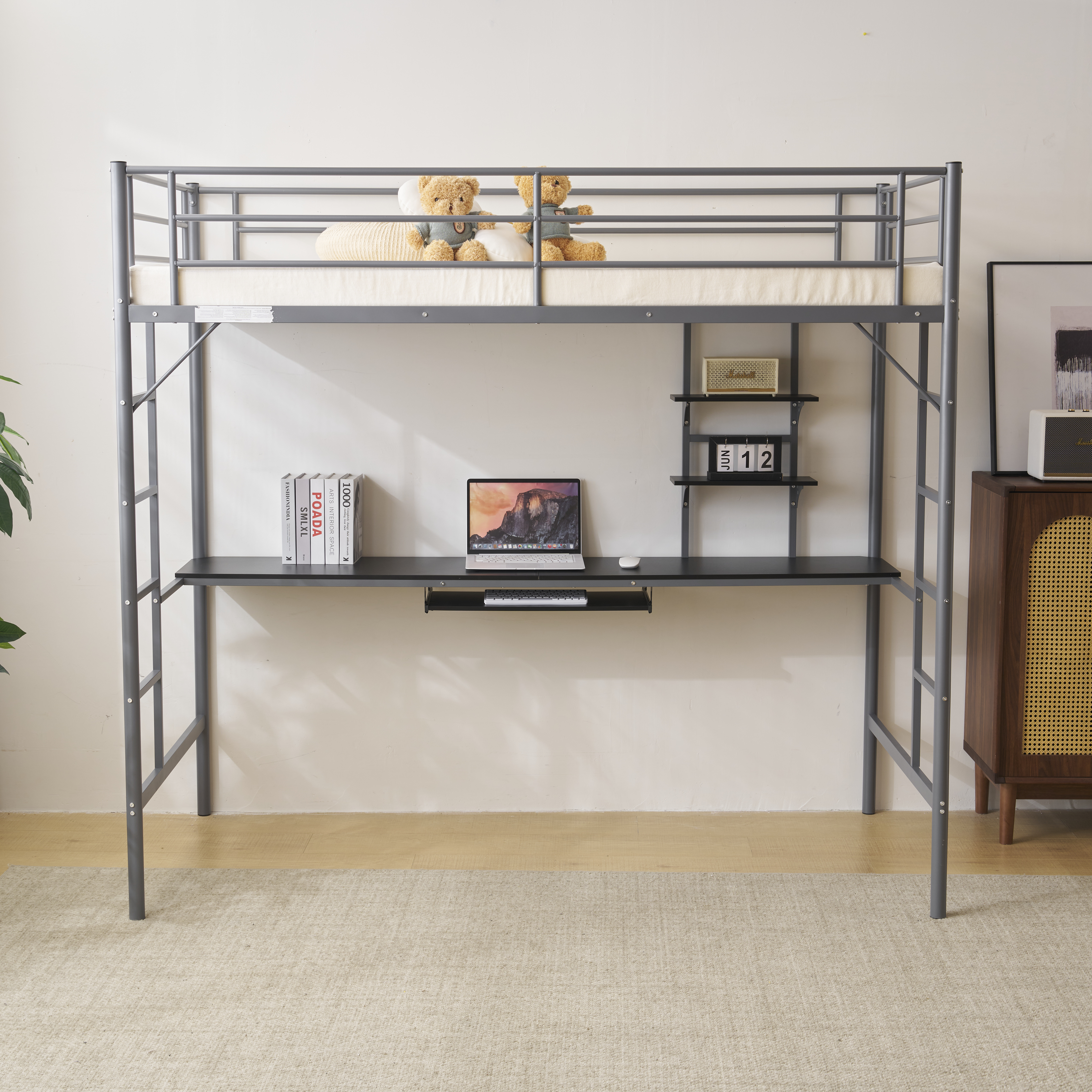 Metal Twin Size Loft Bed Frame with Desk & Stairs & Full-Length Guardrail Frame